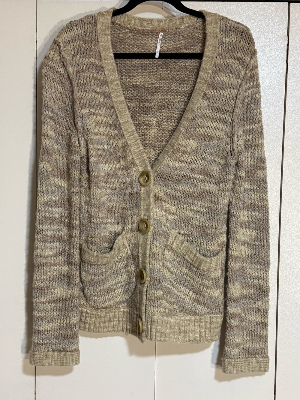 Free People Button Cardigan Sweater Beige Gray Alpaca Wool Marled V Neck Large - Picture 2 of 13